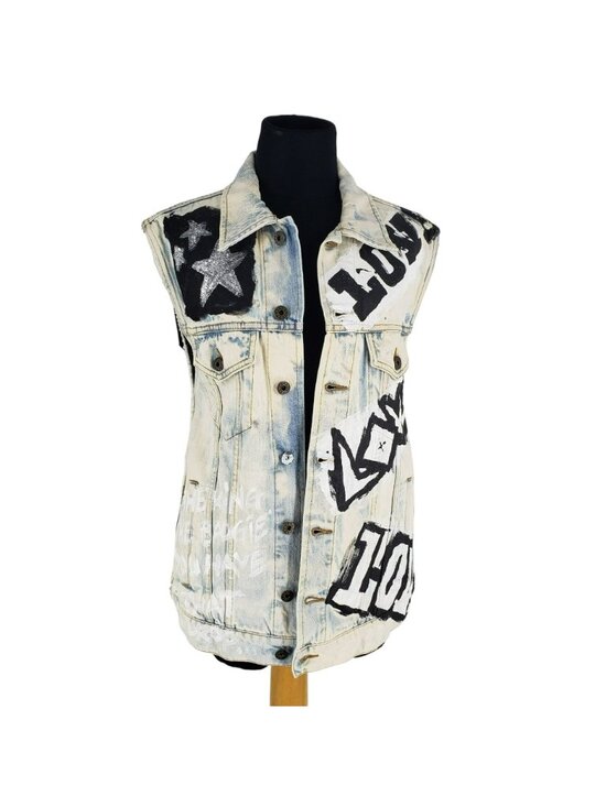 Faith Connexion Jackets & Blazers - Faith Connexion $985 White Denim Vest Graffiti Print Punk Art to Wear DIY
